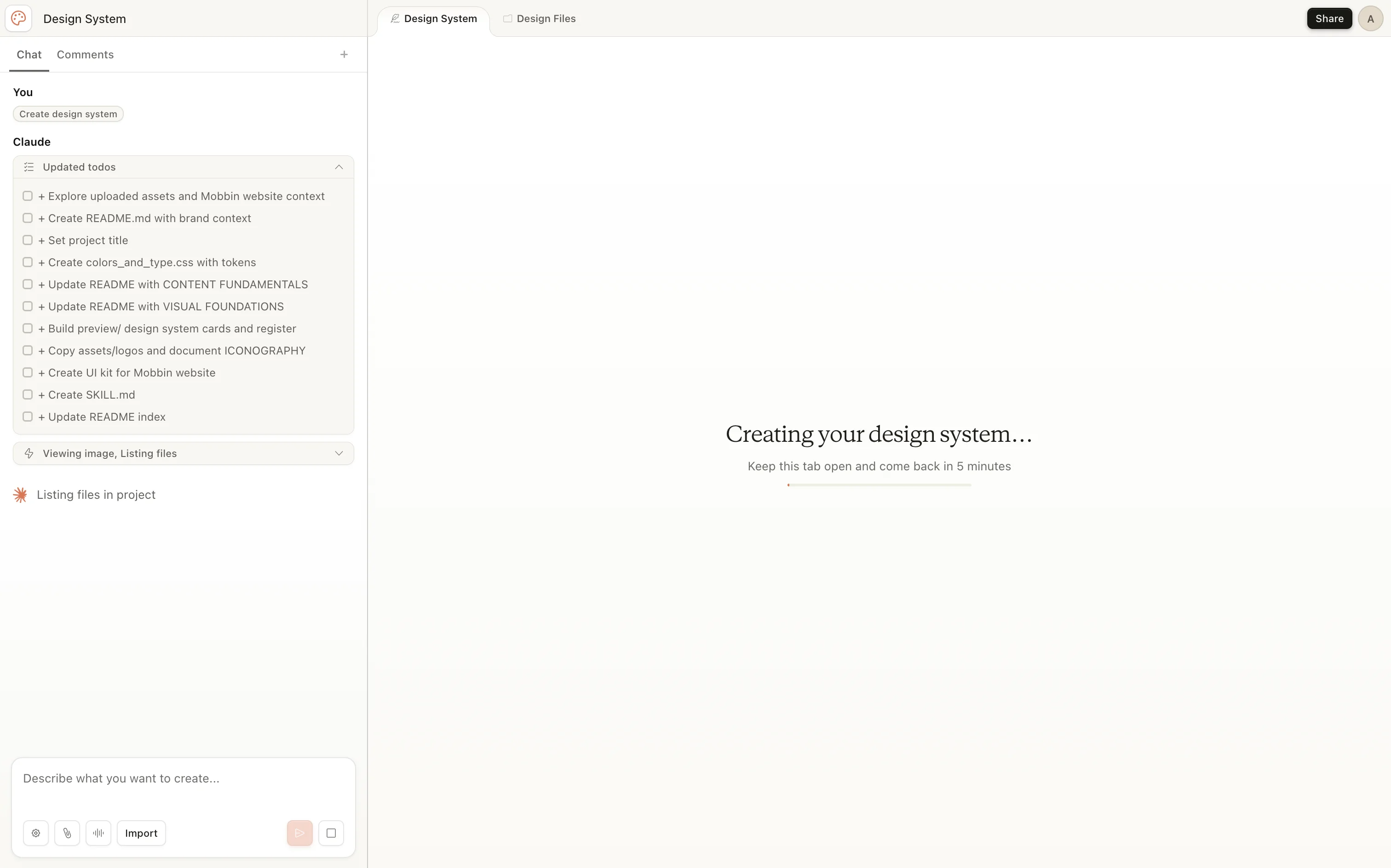 Claude interface showing an updated todo list and reasoning trace while building a design system