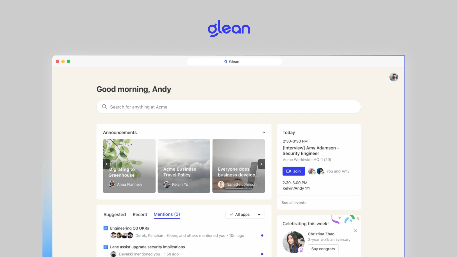 Glean workplace search interface surfacing announcements, mentions, and meetings gathered across company systems