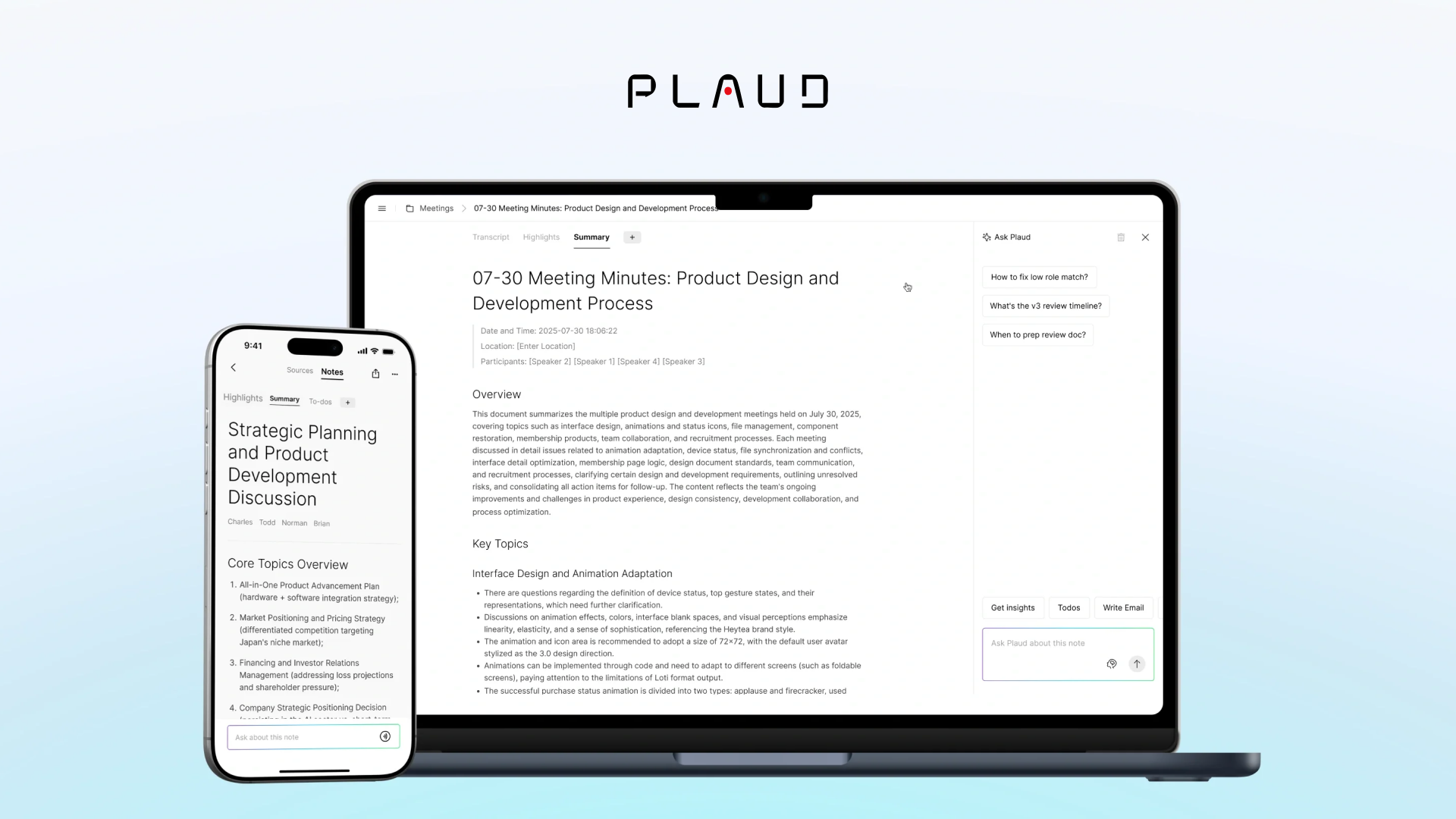 Plaud app showing an AI-generated meeting summary with key topics, alongside a chat panel for asking questions about the note