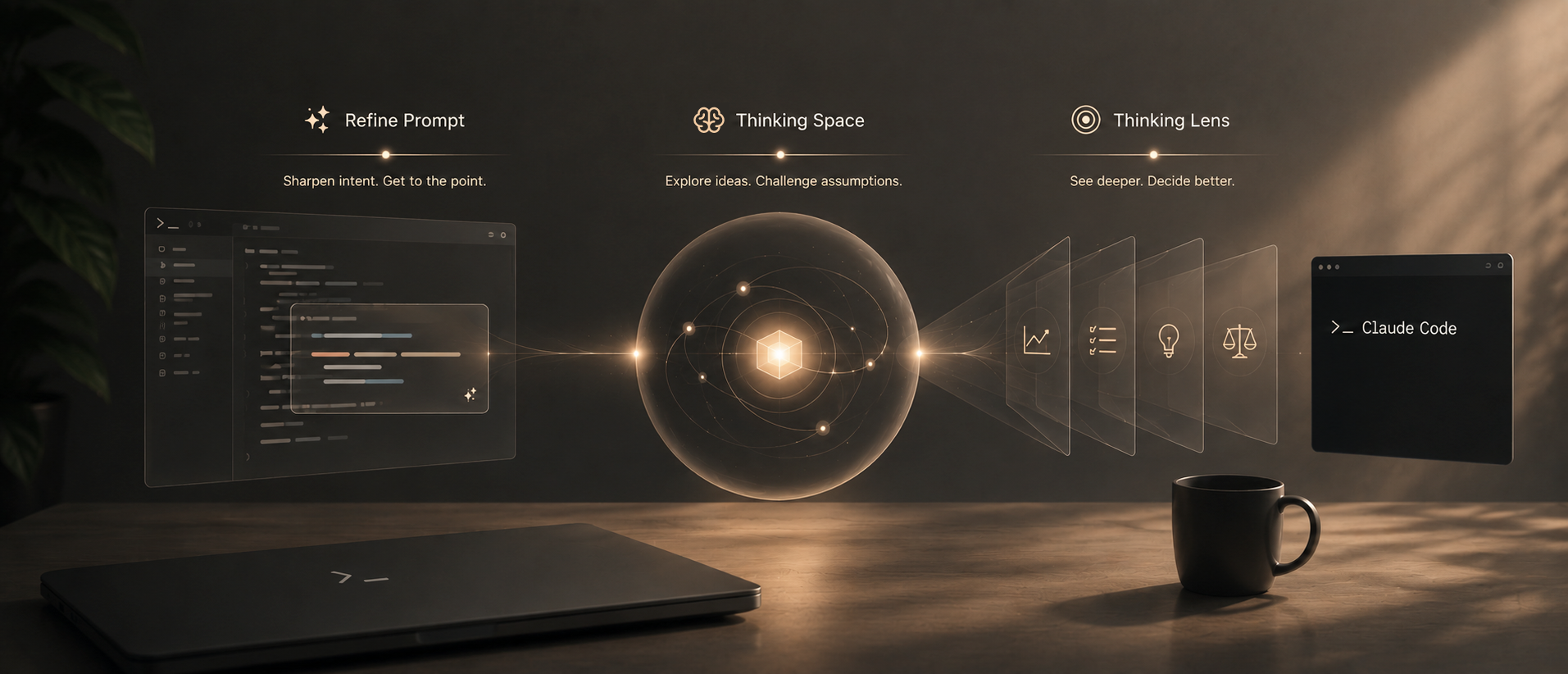 Rethinking Claude Code — Refine Prompt (sharpen intent), Thinking Space (explore ideas), and Thinking Lens (see deeper) feeding into Claude Code