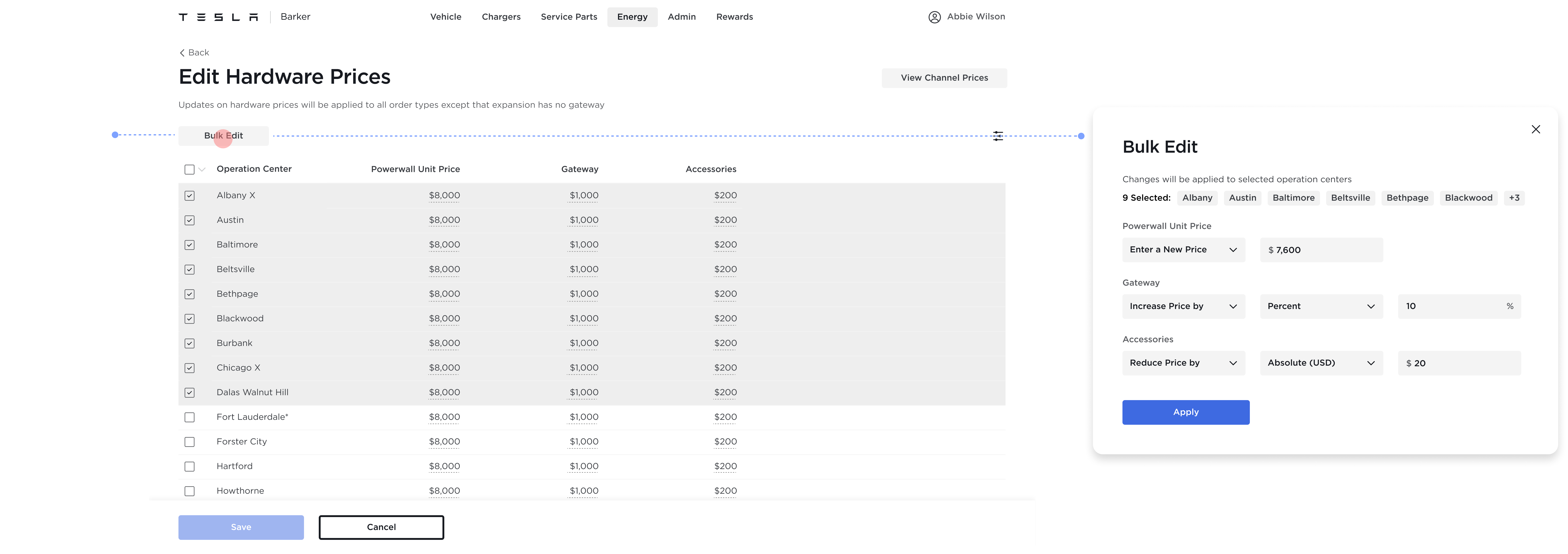The Edit Hardware Prices screen with a Bulk Edit panel — selecting multiple operation centers and applying a new price, or increasing/reducing by percent or absolute amount.