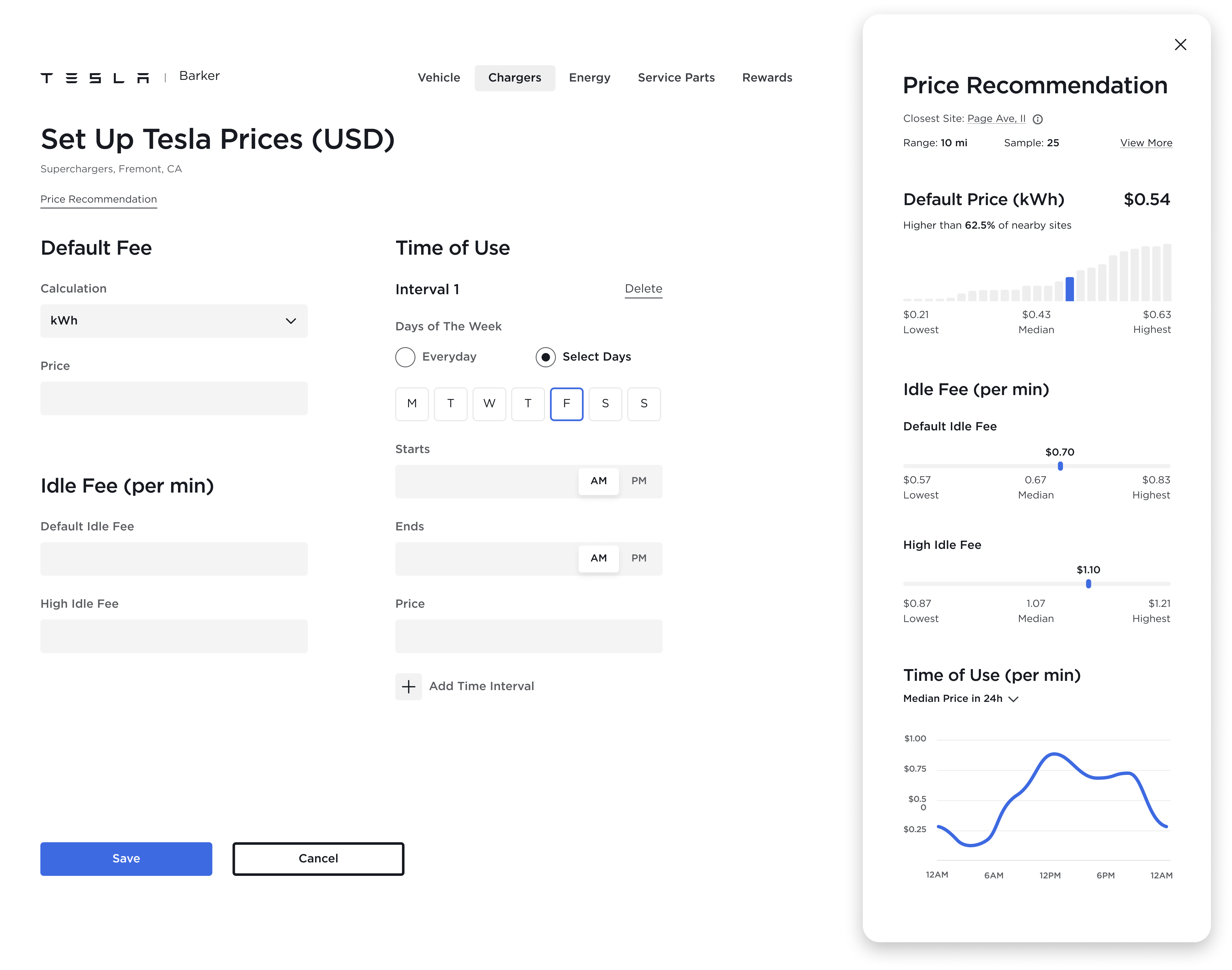 The Set Up Tesla Prices screen with a Price Recommendation panel suggesting a default price benchmarked against nearby sites, idle fees, and time-of-use pricing.