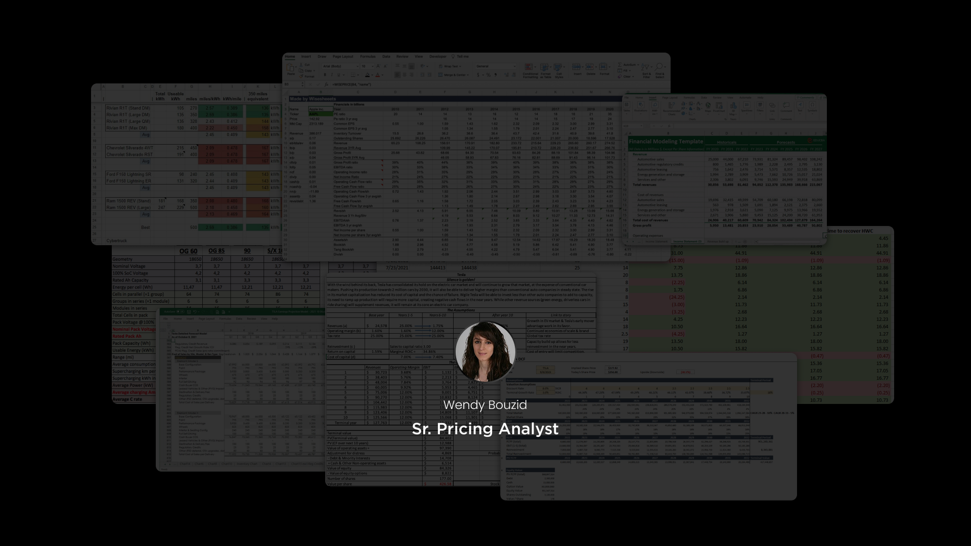Wendy Bouzid, Sr. Pricing Analyst, amid dozens of overlapping Excel spreadsheets and browser windows