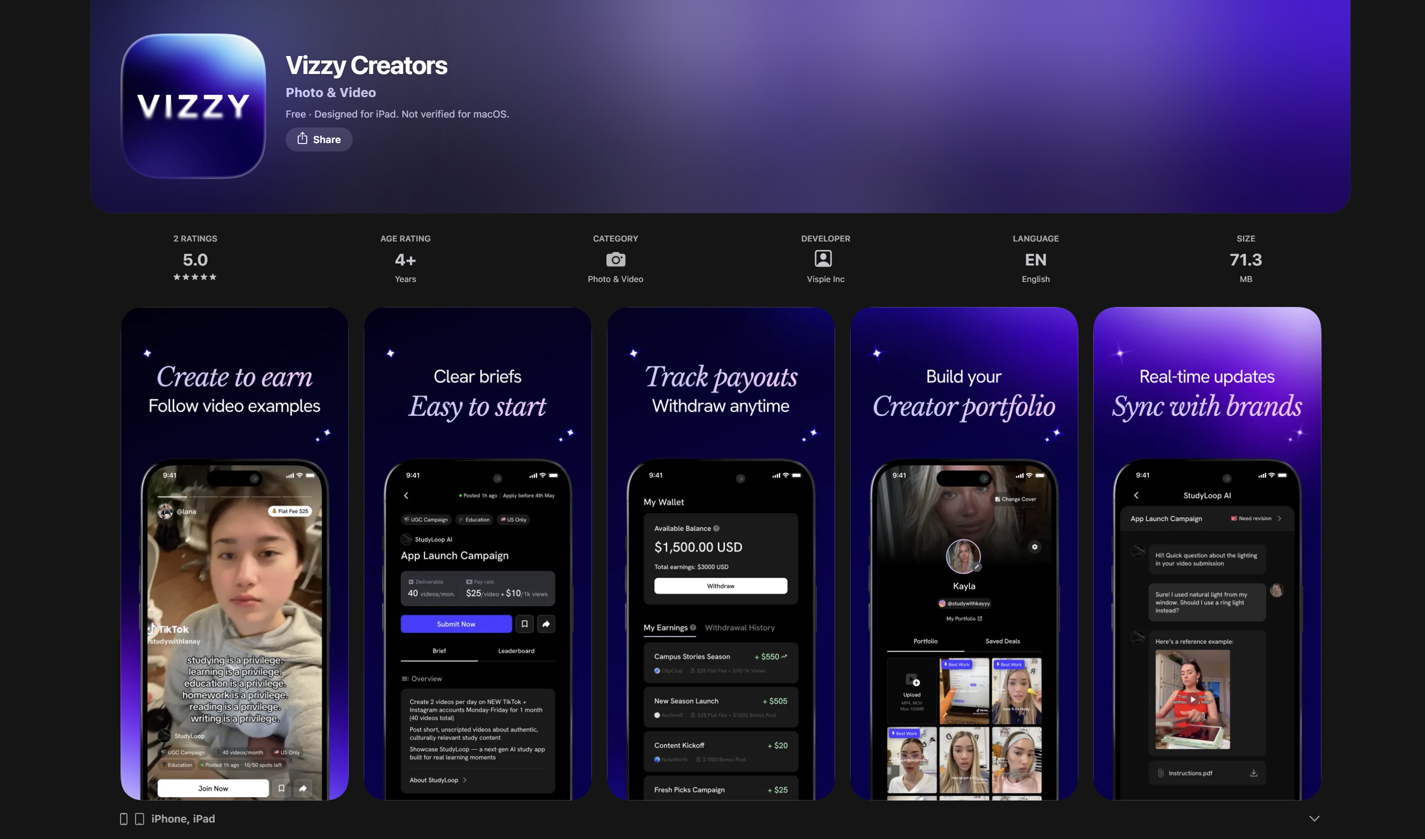 Vizzy marketplace — the brand campaign view alongside the creator app